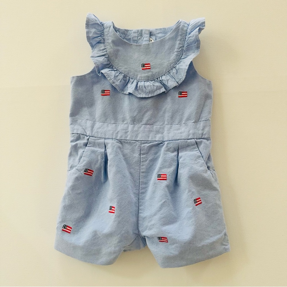 Janie and Jack 6-12 Months Baby Girl Blue Ruffled Romper American Flag Patriotic